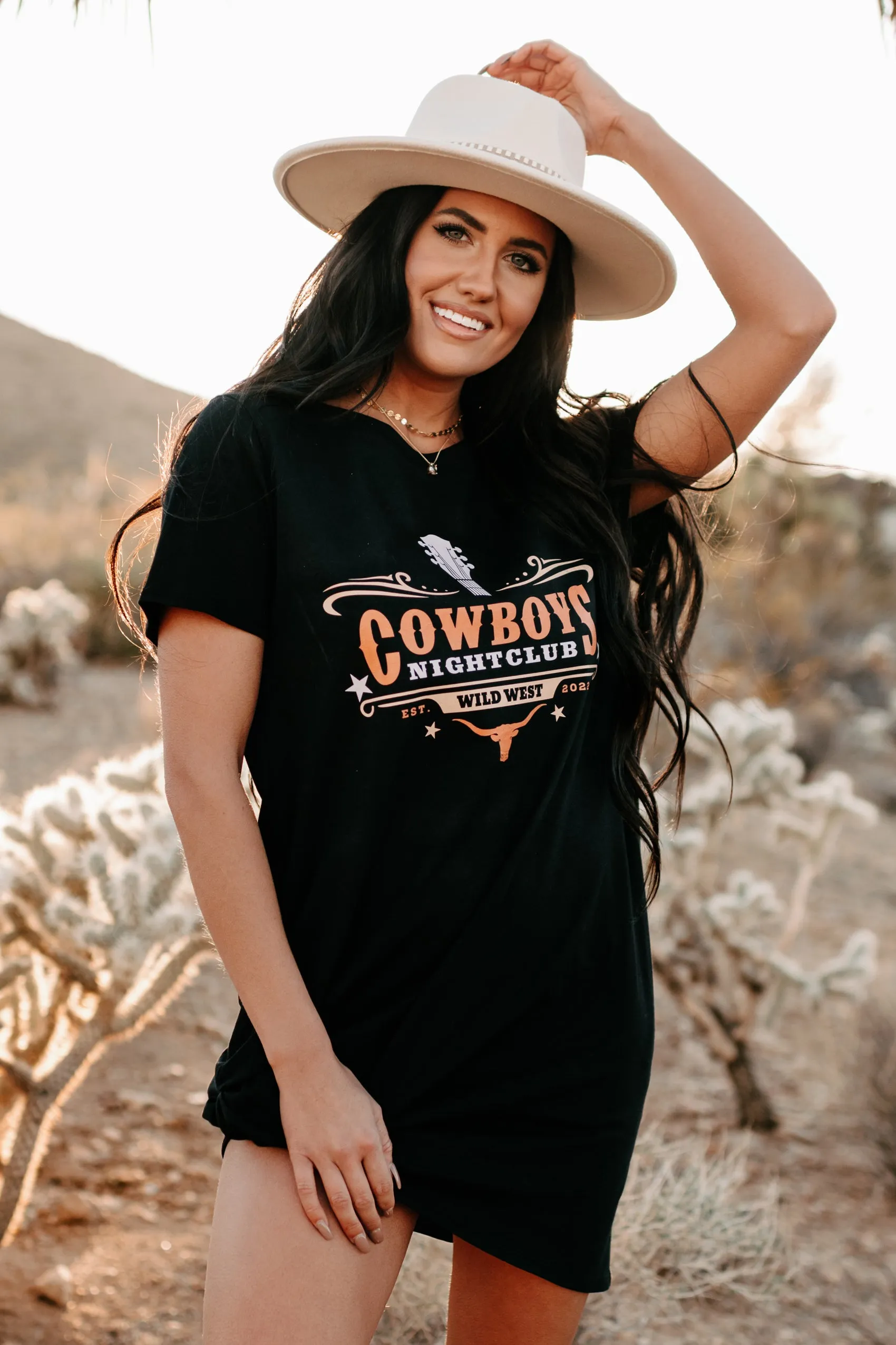 "Cowboys Night Club" Graphic T-Shirt Dress (Black) - Print On Demand