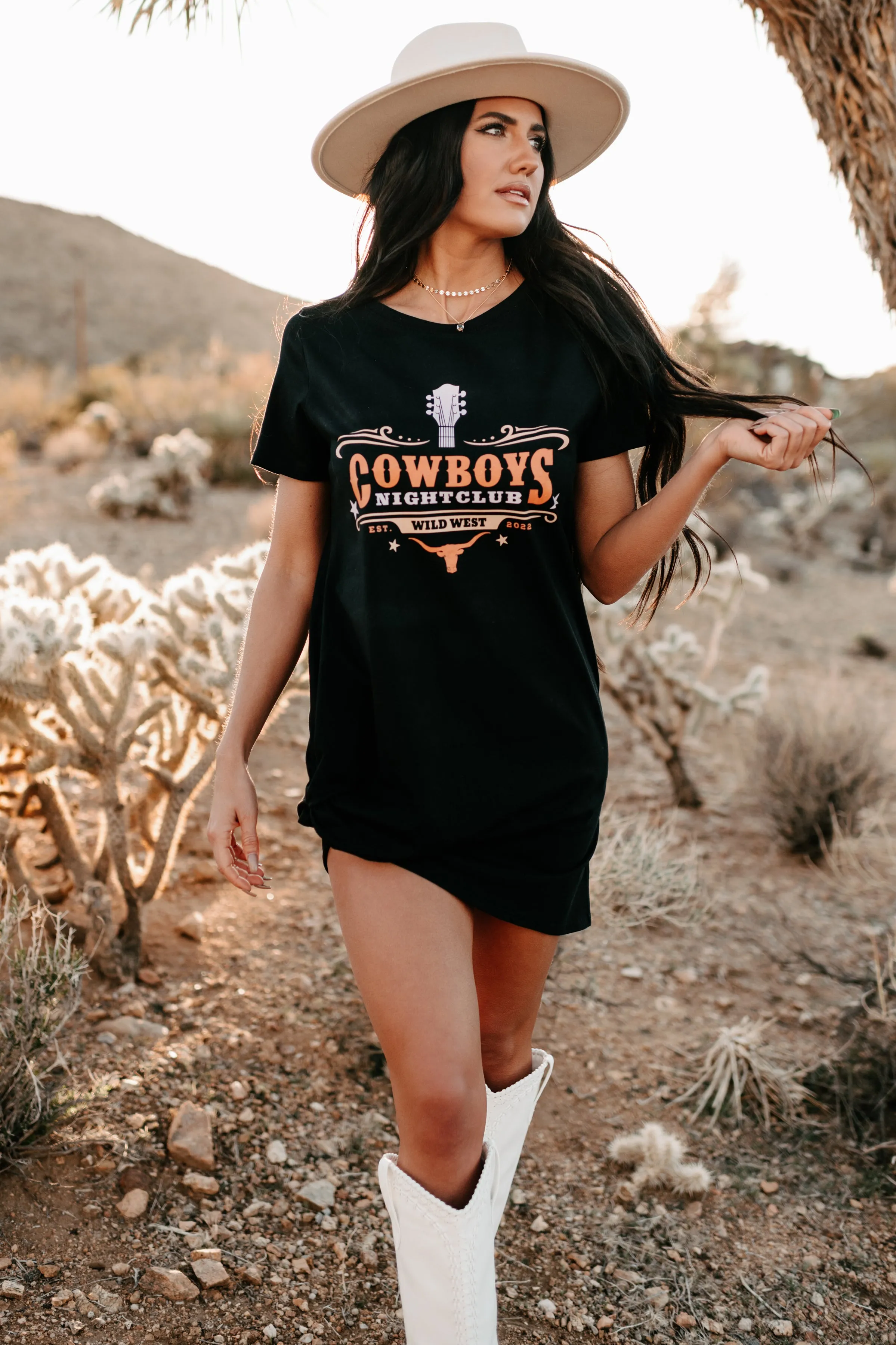 "Cowboys Night Club" Graphic T-Shirt Dress (Black) - Print On Demand