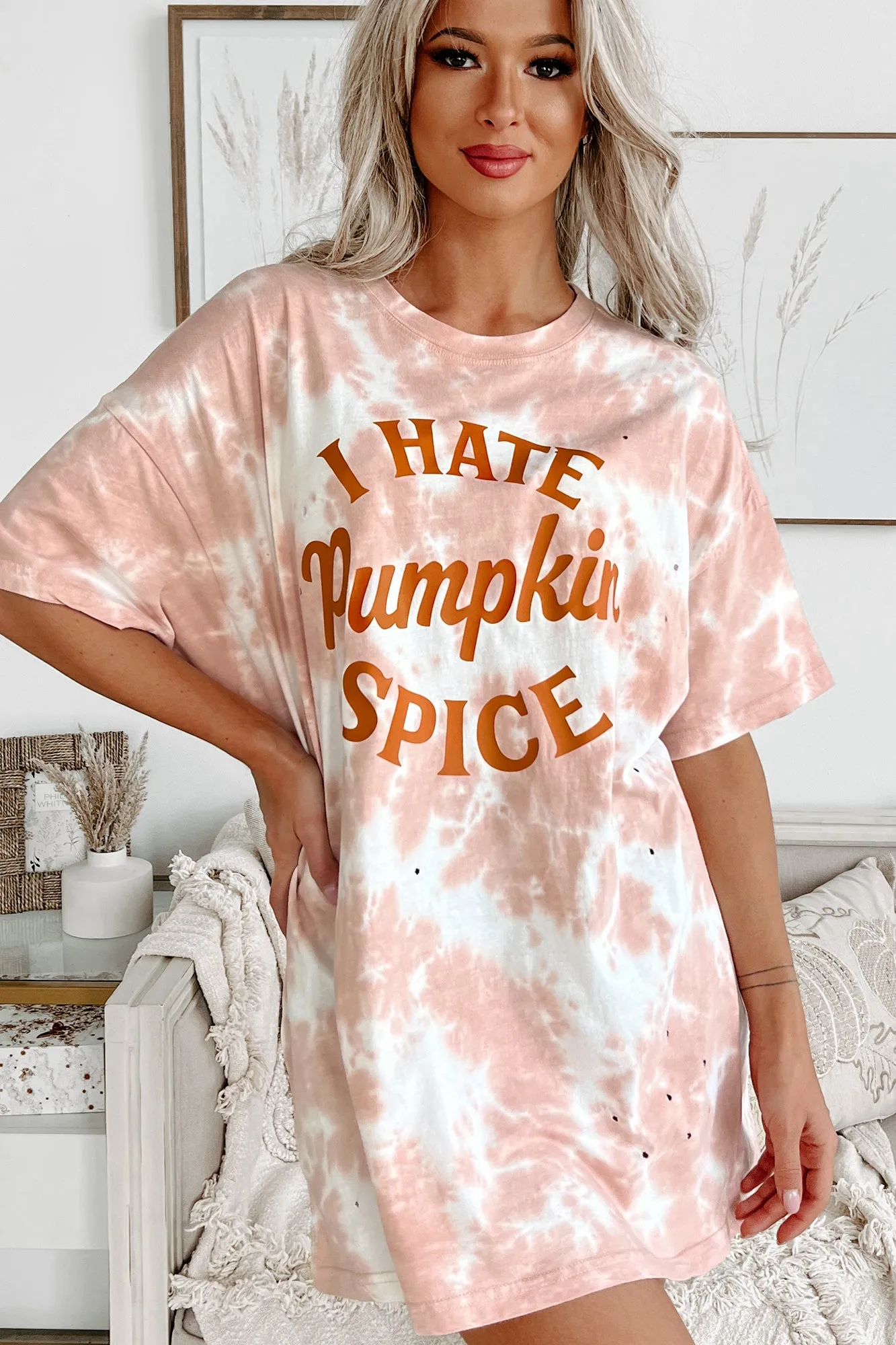 "I Hate Pumpkin Spice" Oversized Distressed Tie-Dye Graphic T-Shirt (Pastel Pink) - Print On Demand