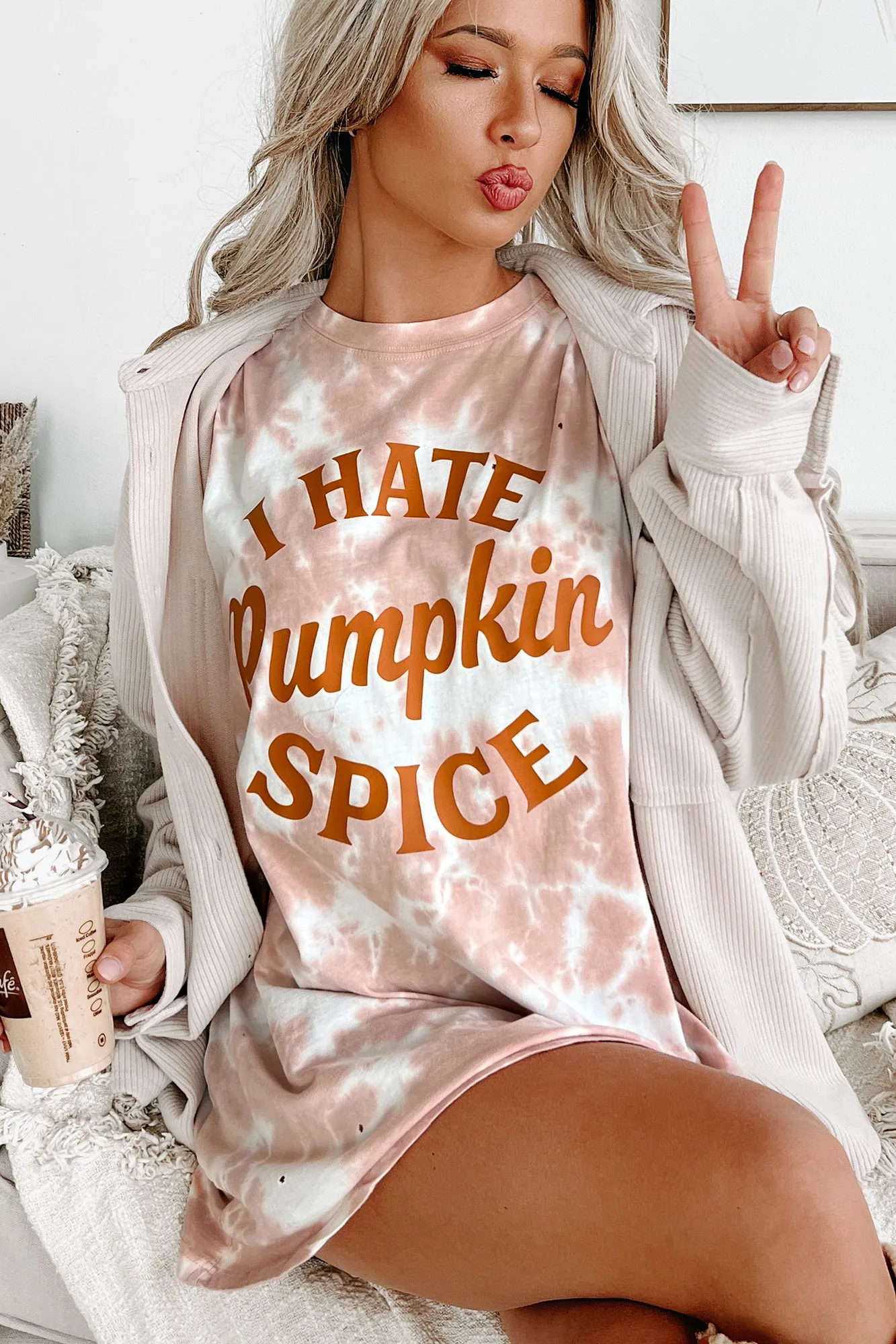 "I Hate Pumpkin Spice" Oversized Distressed Tie-Dye Graphic T-Shirt (Pastel Pink) - Print On Demand