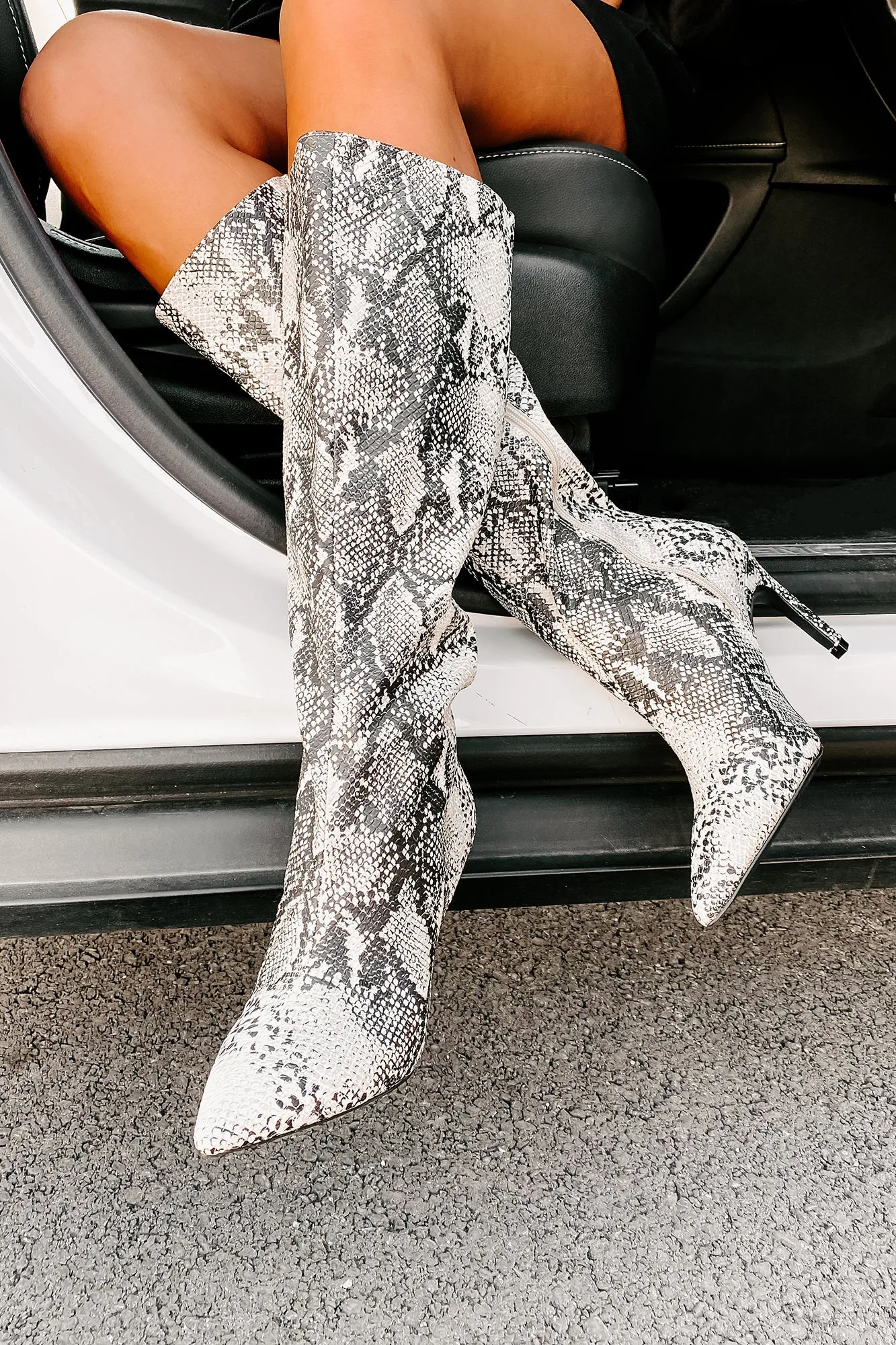 "Snake It Off" Heeled Snake Print Boots (Stone/Black Snake)