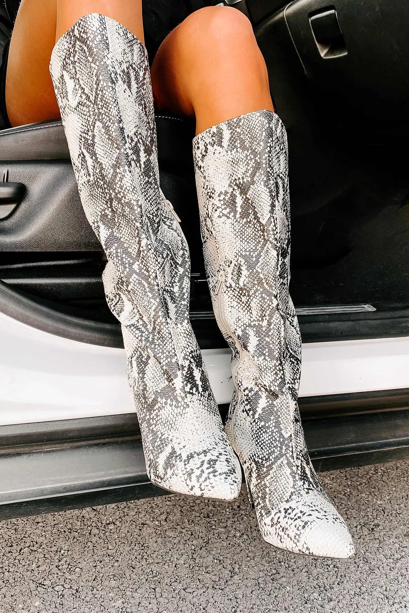 "Snake It Off" Heeled Snake Print Boots (Stone/Black Snake)