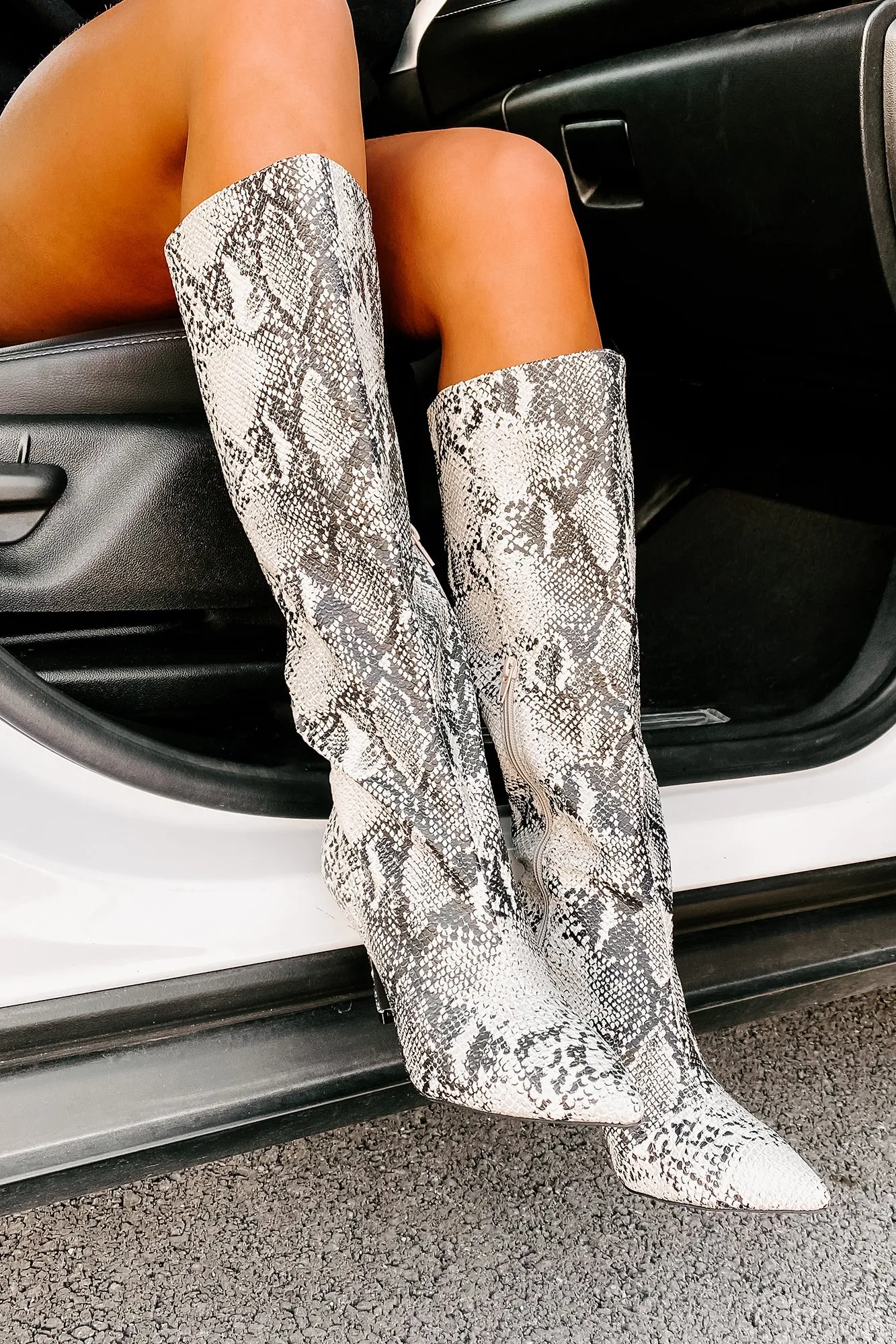 "Snake It Off" Heeled Snake Print Boots (Stone/Black Snake)