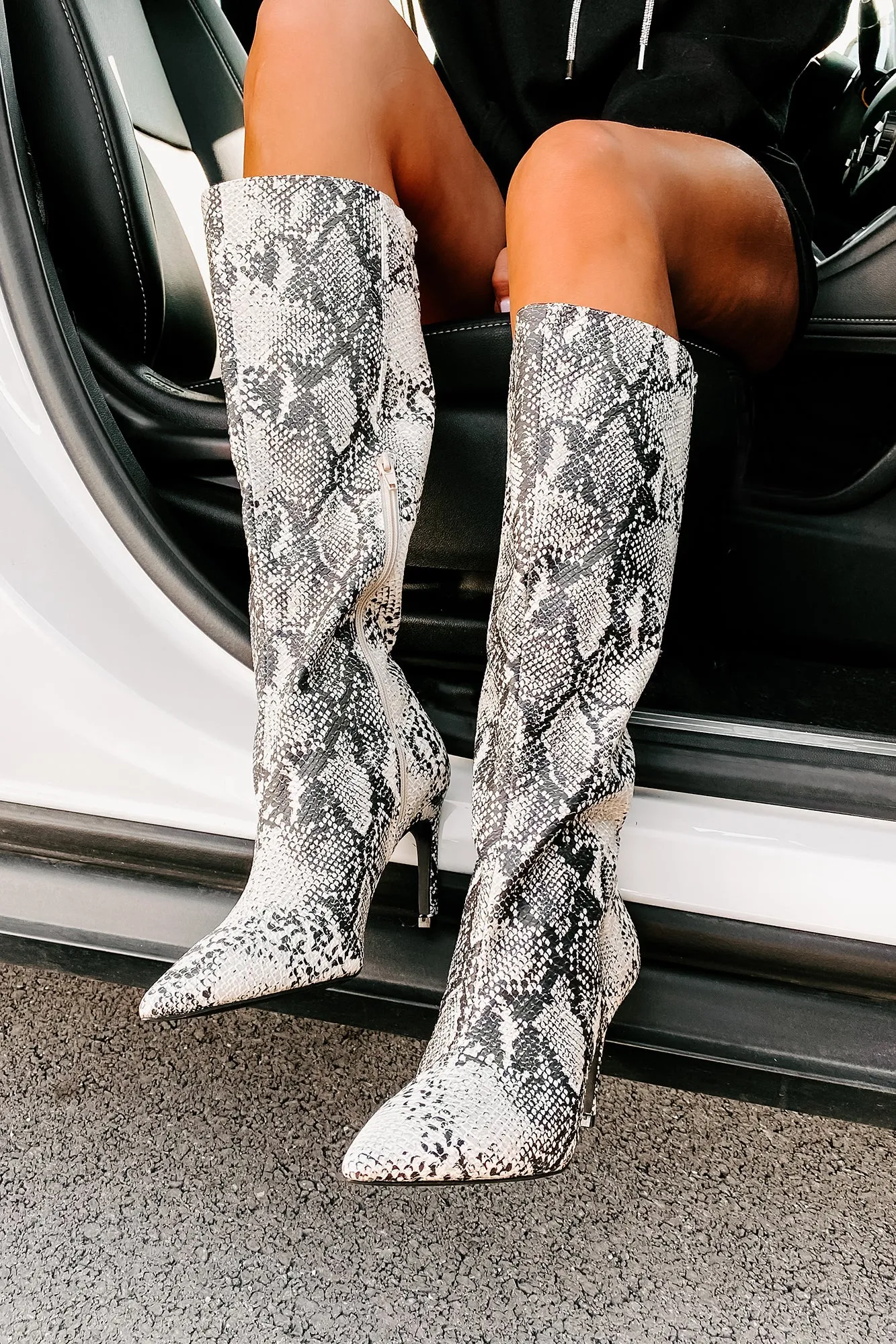 "Snake It Off" Heeled Snake Print Boots (Stone/Black Snake)