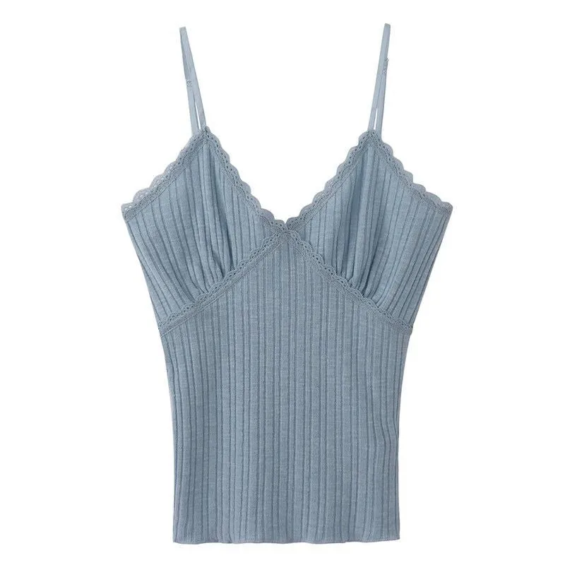 Ribbed Lace Trim V Neck Vest Camisole Tops