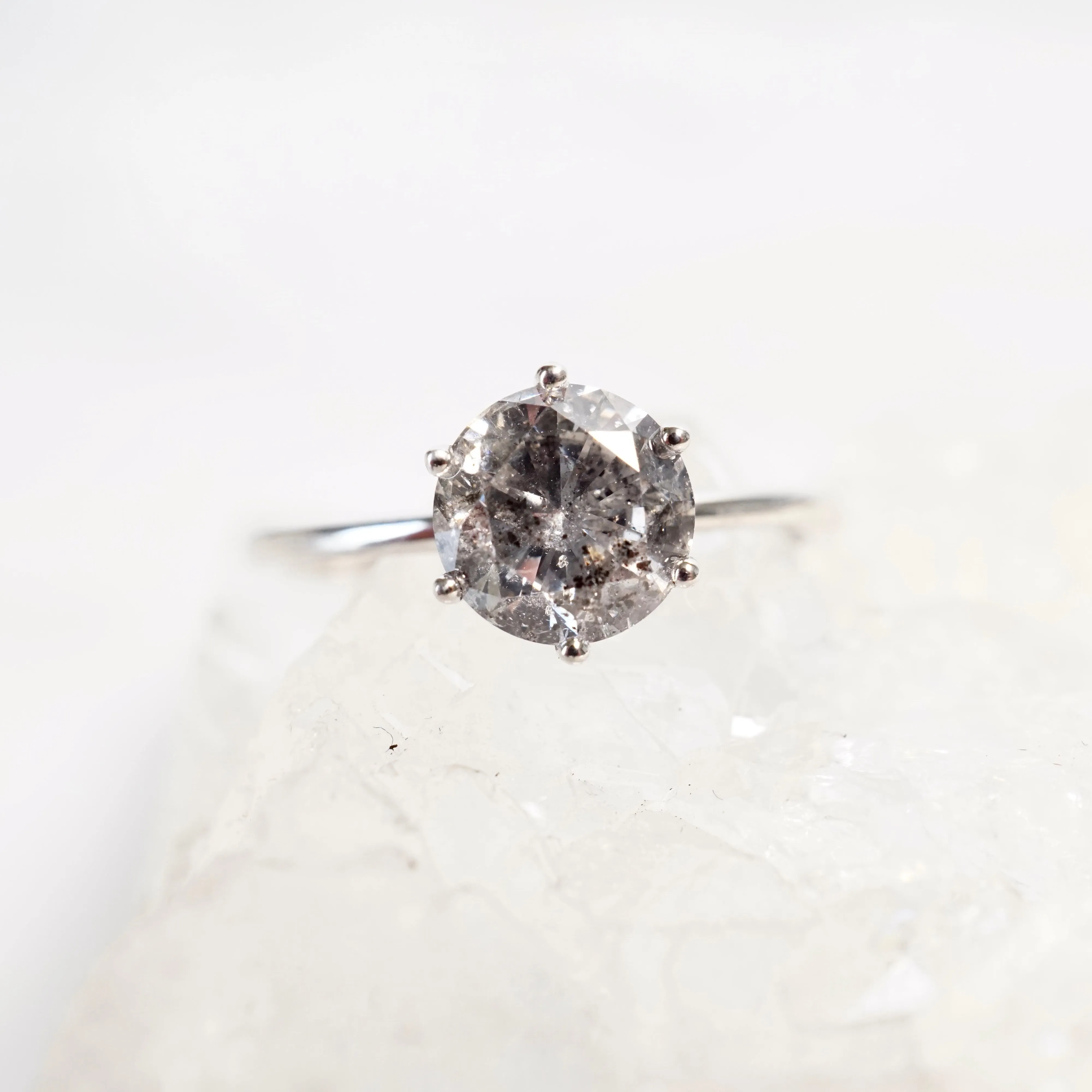 Salt and Pepper Diamond Engagement Ring - Grey Diamond White Gold Ring - Six Prong Diamond Ring