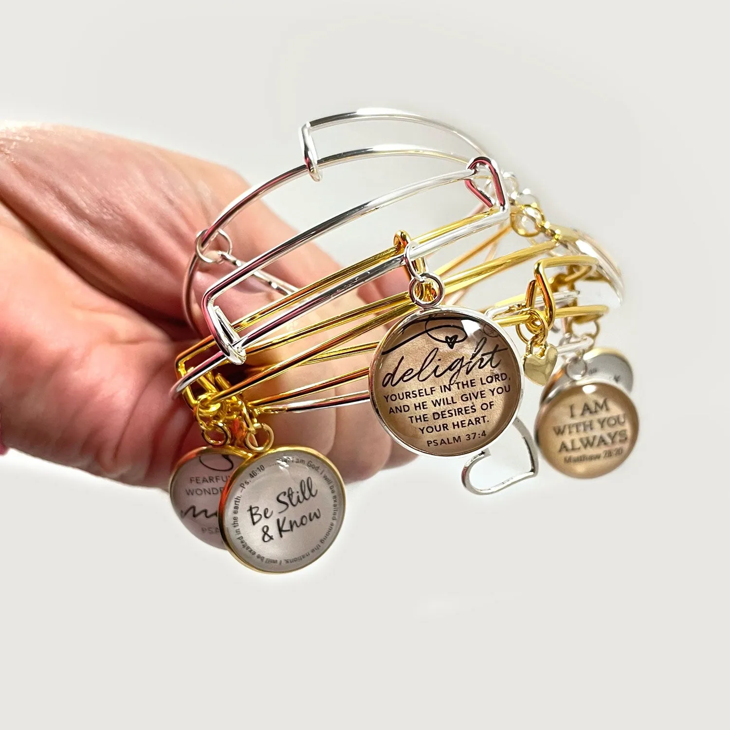 Scripture Charm Bangle Bracelet - Christian Jewelry, Gold, Silver