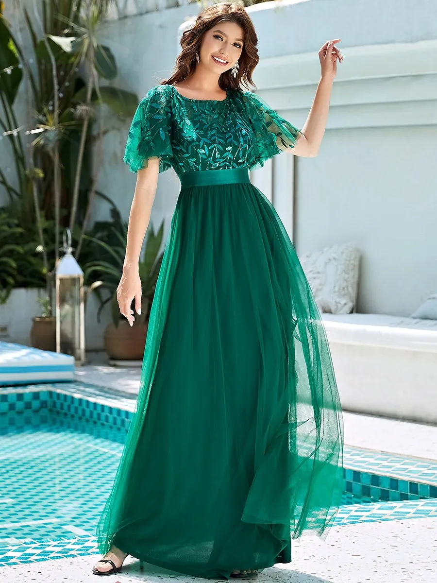 Sequin Print Maxi Long Wholesale Evening Dresses with Cap Sleeve