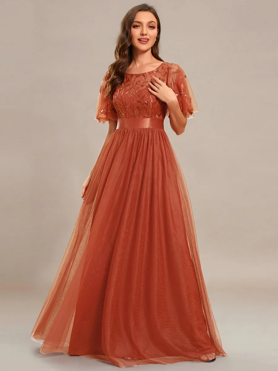 Sequin Print Maxi Long Wholesale Evening Dresses with Cap Sleeve