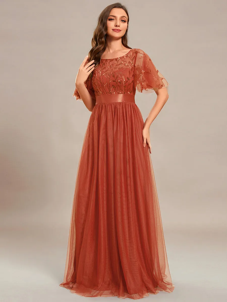 Sequin Print Maxi Long Wholesale Evening Dresses with Cap Sleeve