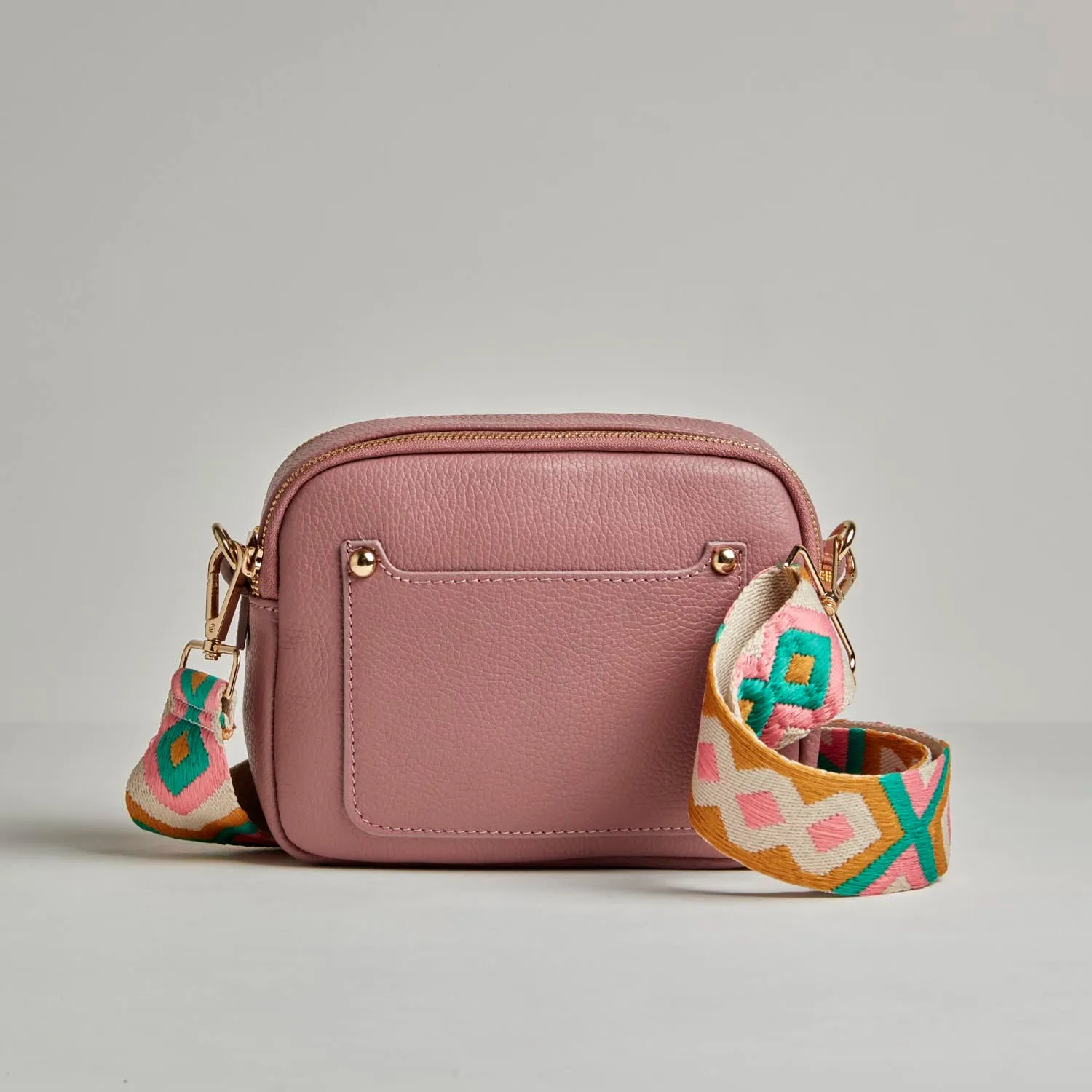 Sienna Crossbody Bag in Antique Pink with Mustard and Pink Bohemian Strap