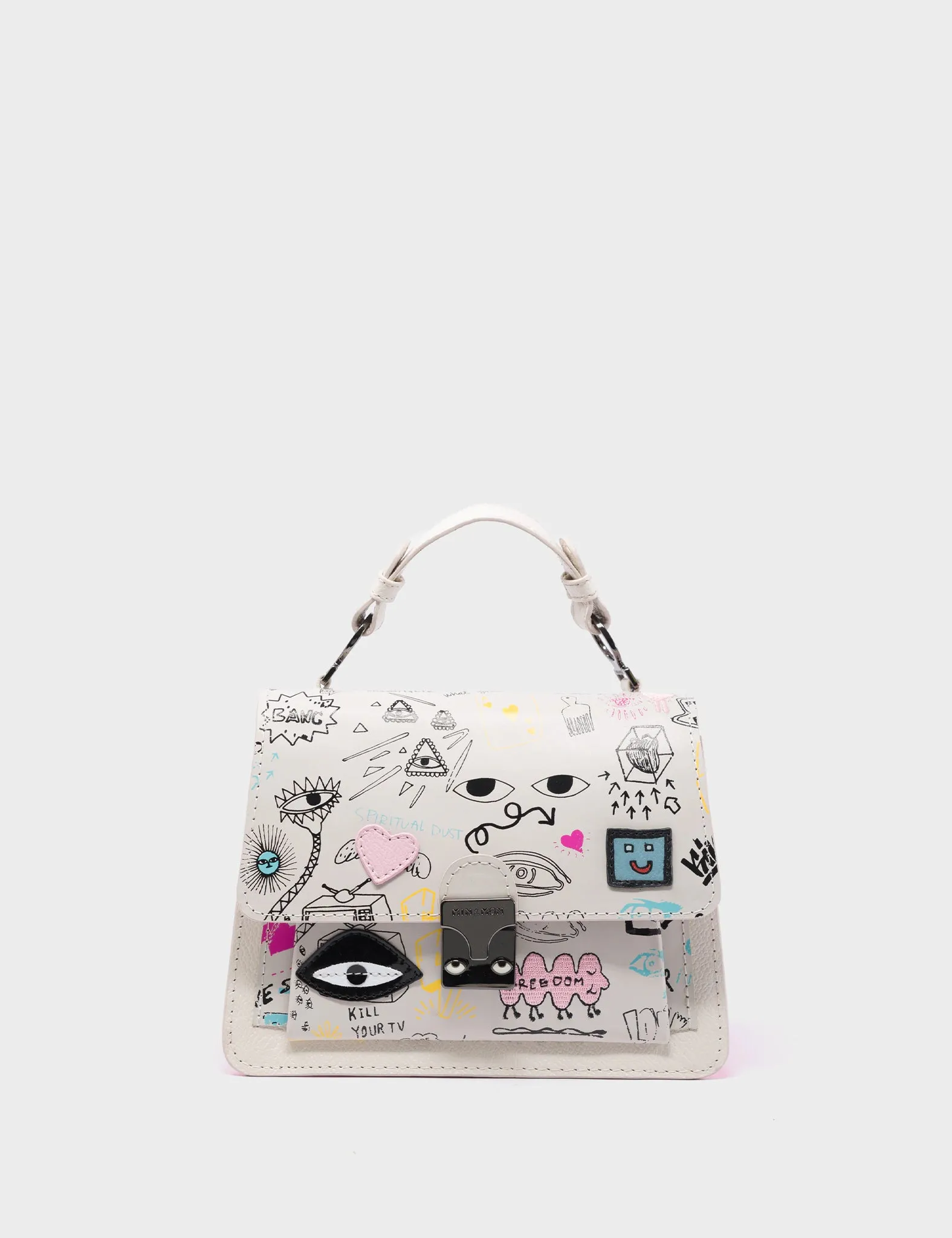 Silas Cream Small Leather Crossbody Bag - Urban Doodles Print