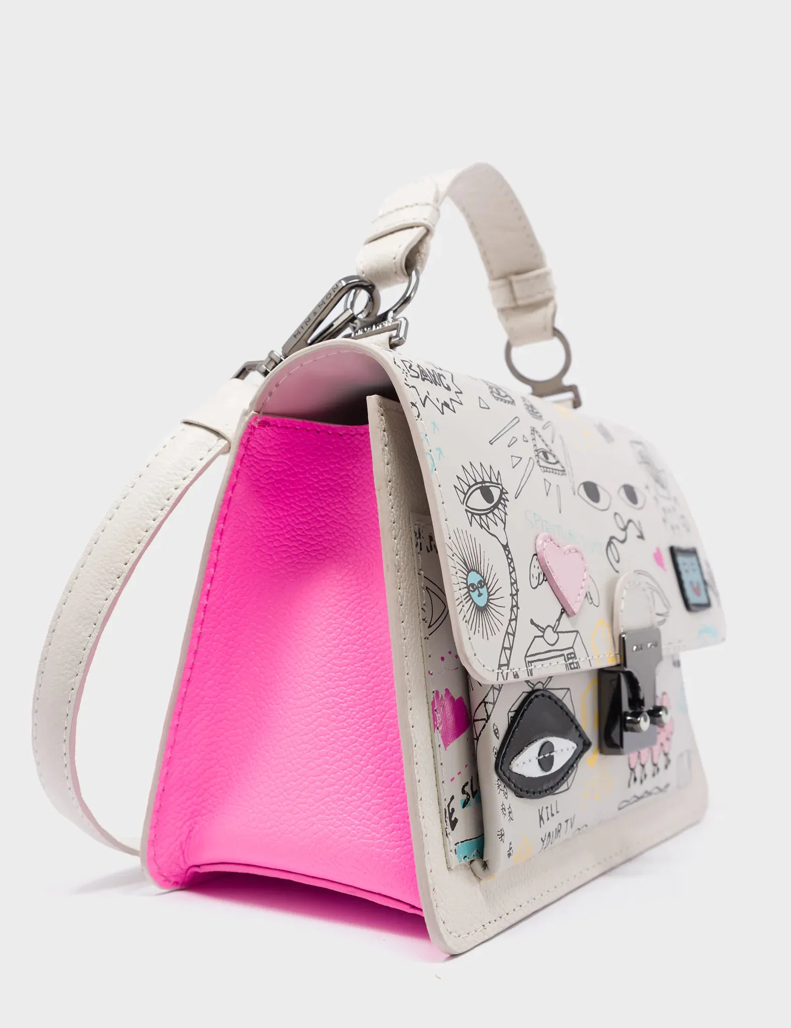 Silas Cream Small Leather Crossbody Bag - Urban Doodles Print