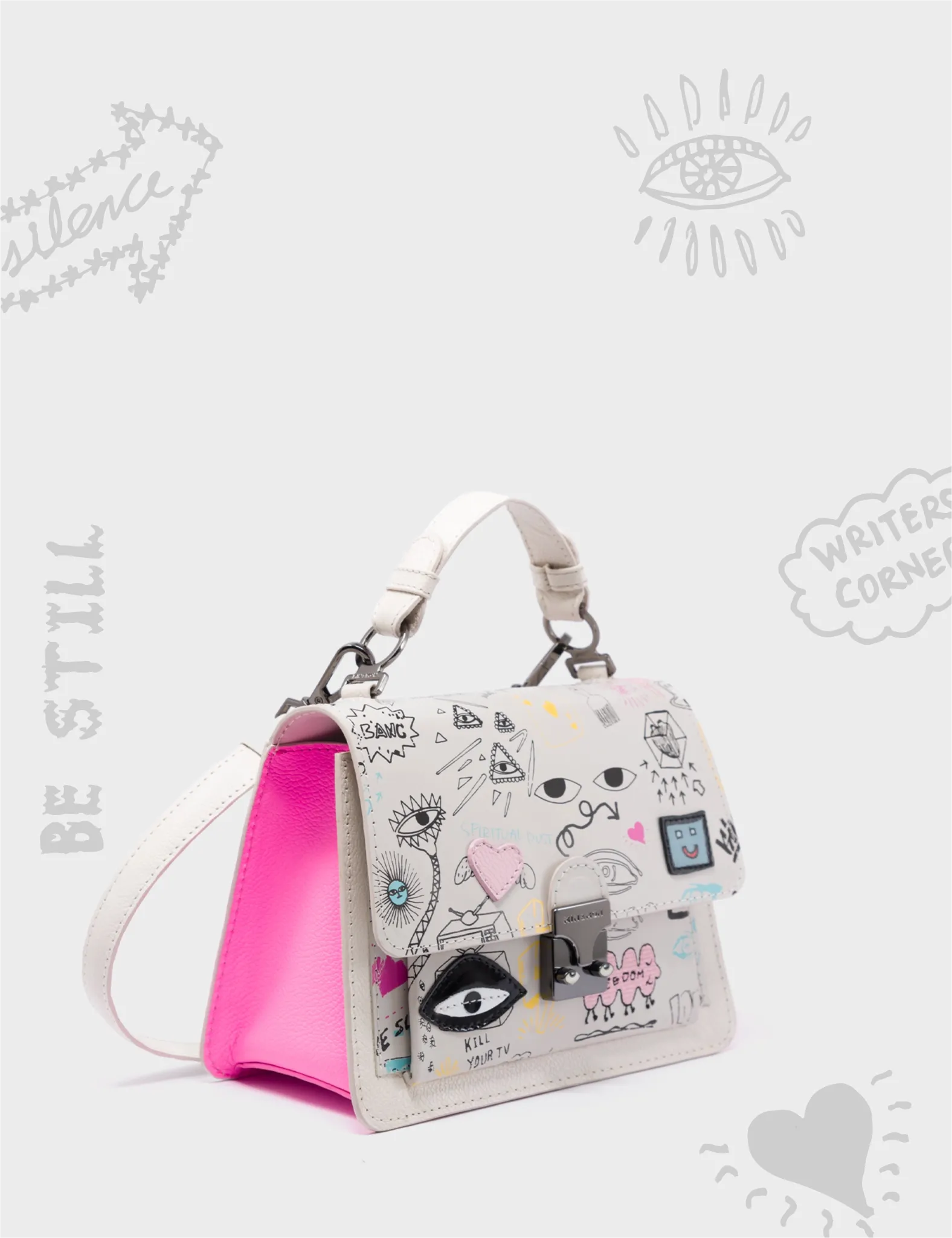 Silas Cream Small Leather Crossbody Bag - Urban Doodles Print