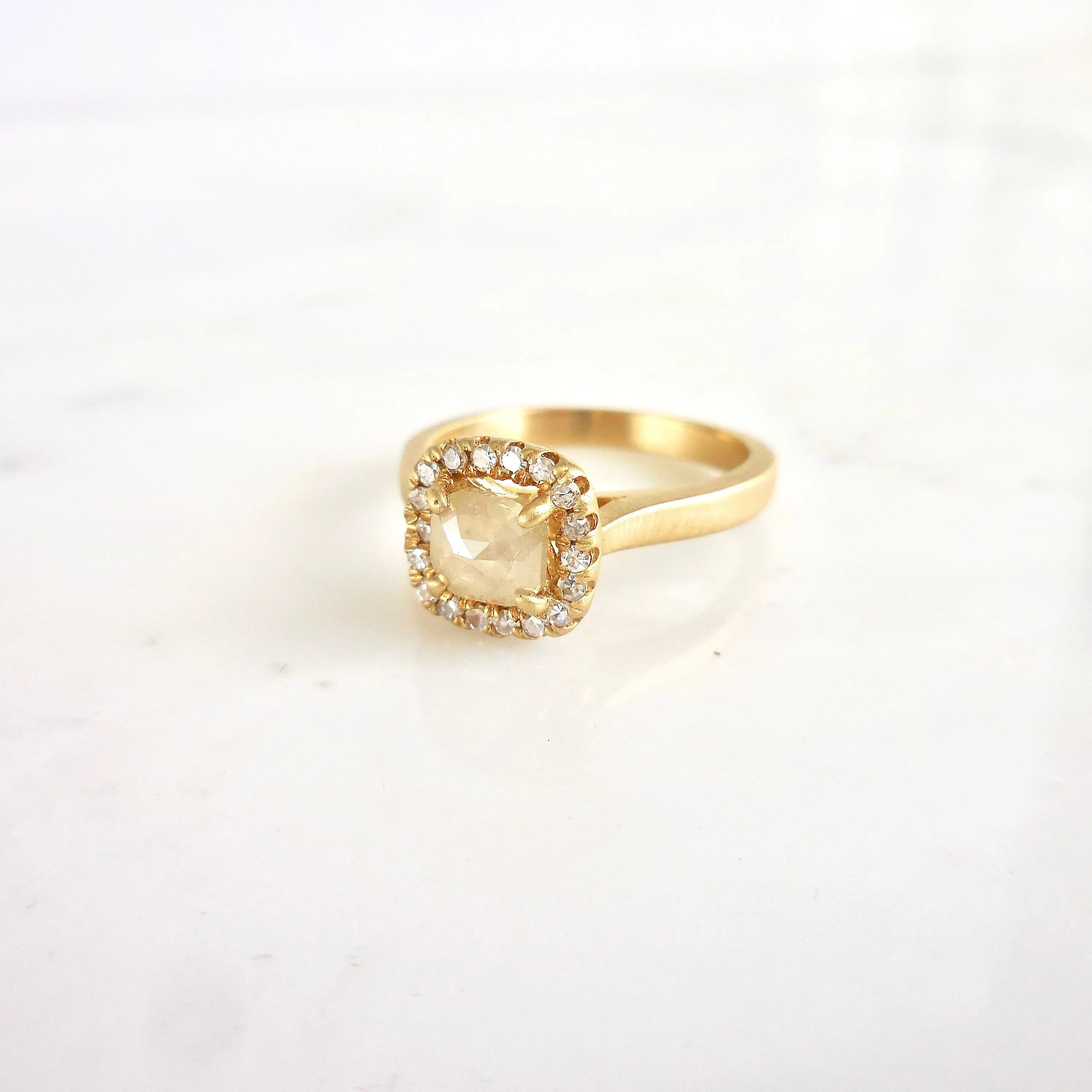 Square Diamond Halo Engagement Ring - Yellow Diamond Engagement Ring - Rustic Yellow Diamond Engagement Ring