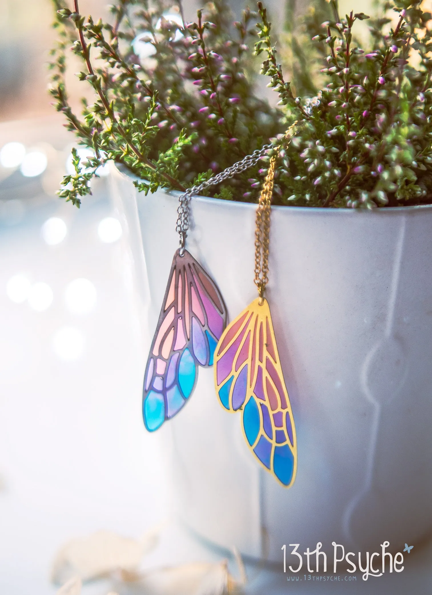 Stained glass inspired fairy wing pendant necklace