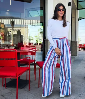 Striped Wide Pants Blue X Burgundy