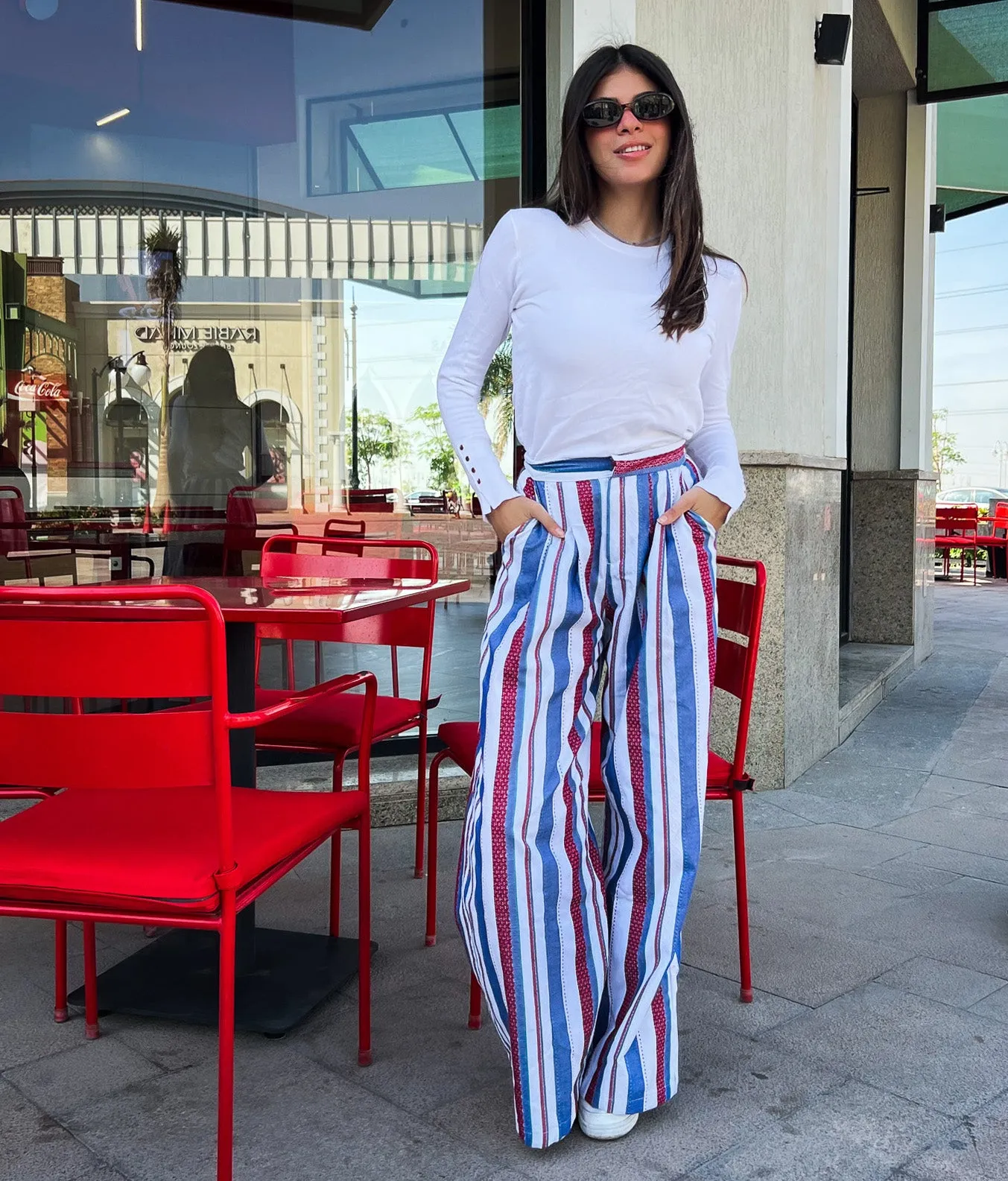 Striped Wide Pants Blue X Burgundy