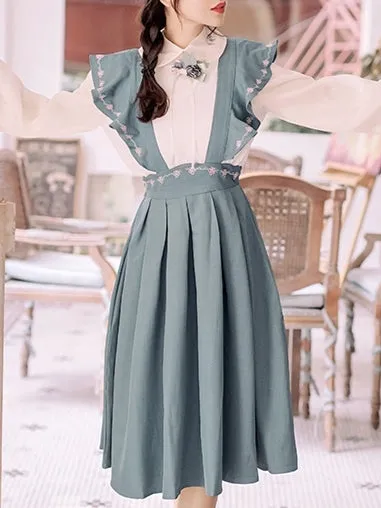 Turquoise Pinafore Dress   Blouse Set