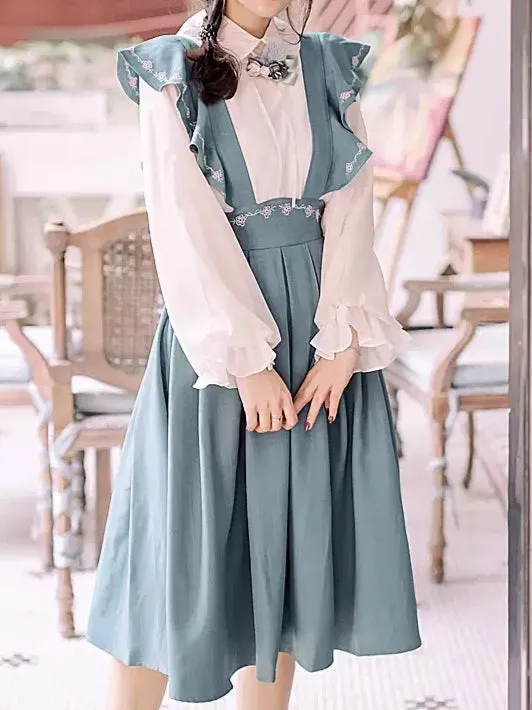 Turquoise Pinafore Dress   Blouse Set