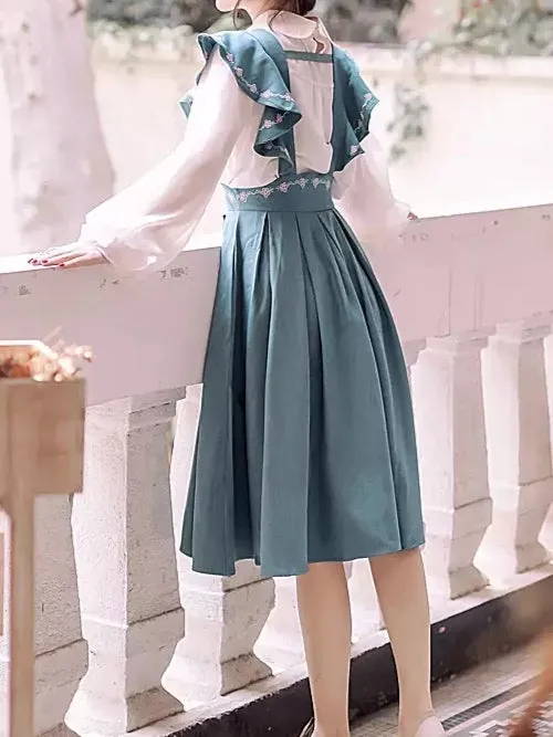 Turquoise Pinafore Dress   Blouse Set