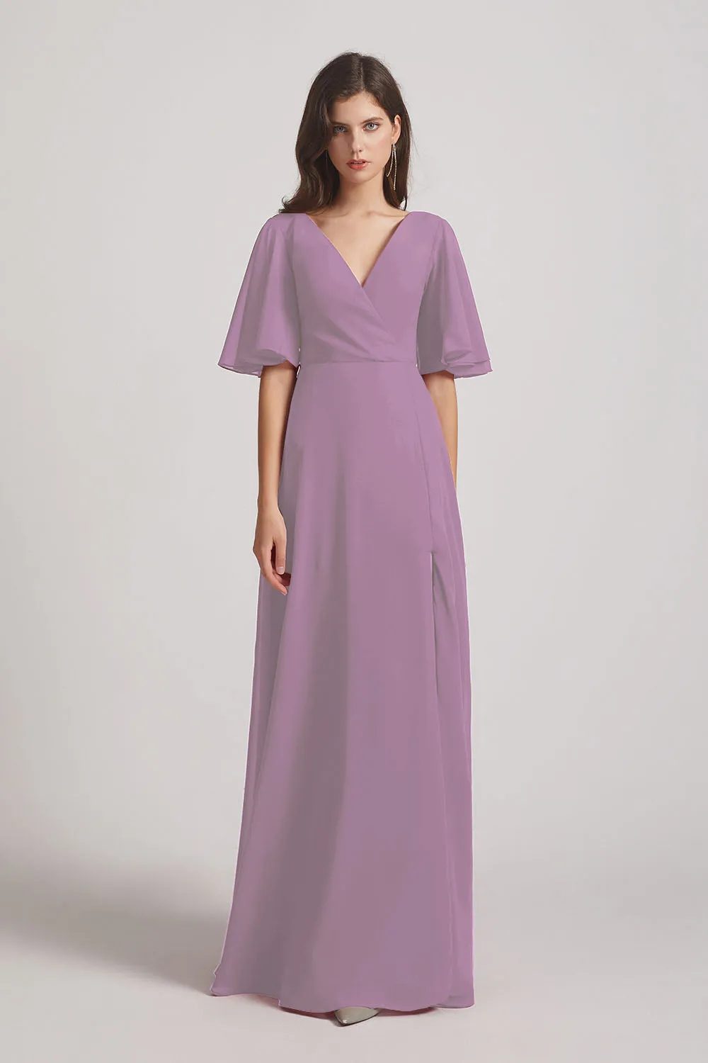 V-Neck Chiffon Side Slit Bridesmaid Dresses With Flutter Half Sleeves (AF0056)