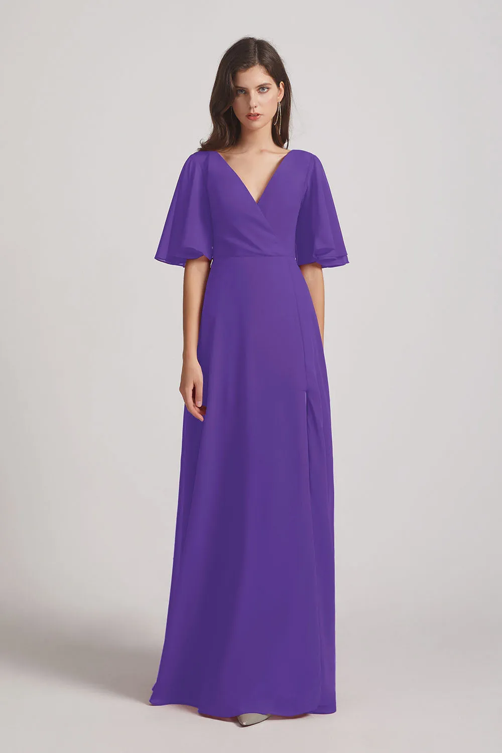 V-Neck Chiffon Side Slit Bridesmaid Dresses With Flutter Half Sleeves (AF0056)