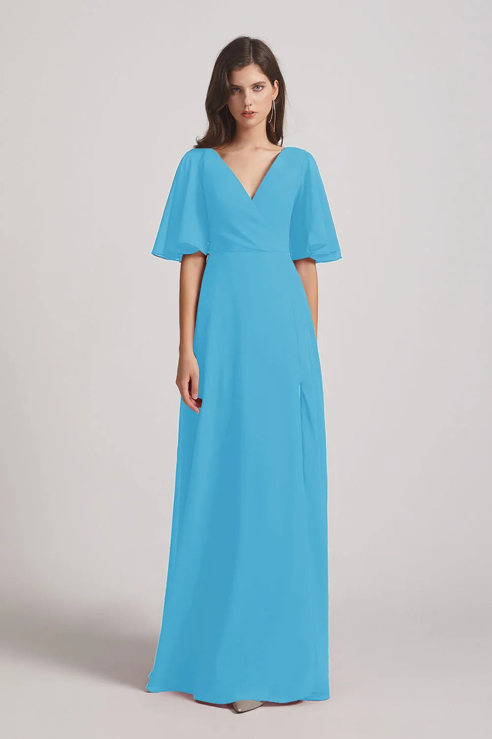 V-Neck Chiffon Side Slit Bridesmaid Dresses With Flutter Half Sleeves (AF0056)