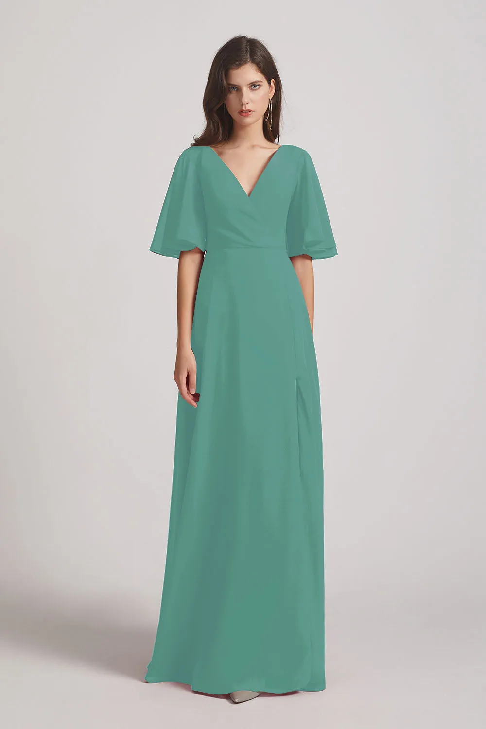 V-Neck Chiffon Side Slit Bridesmaid Dresses With Flutter Half Sleeves (AF0056)