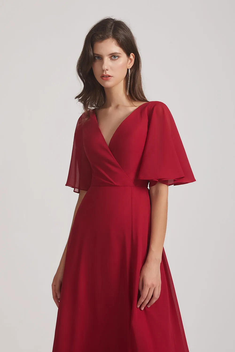 V-Neck Chiffon Side Slit Bridesmaid Dresses With Flutter Half Sleeves (AF0056)