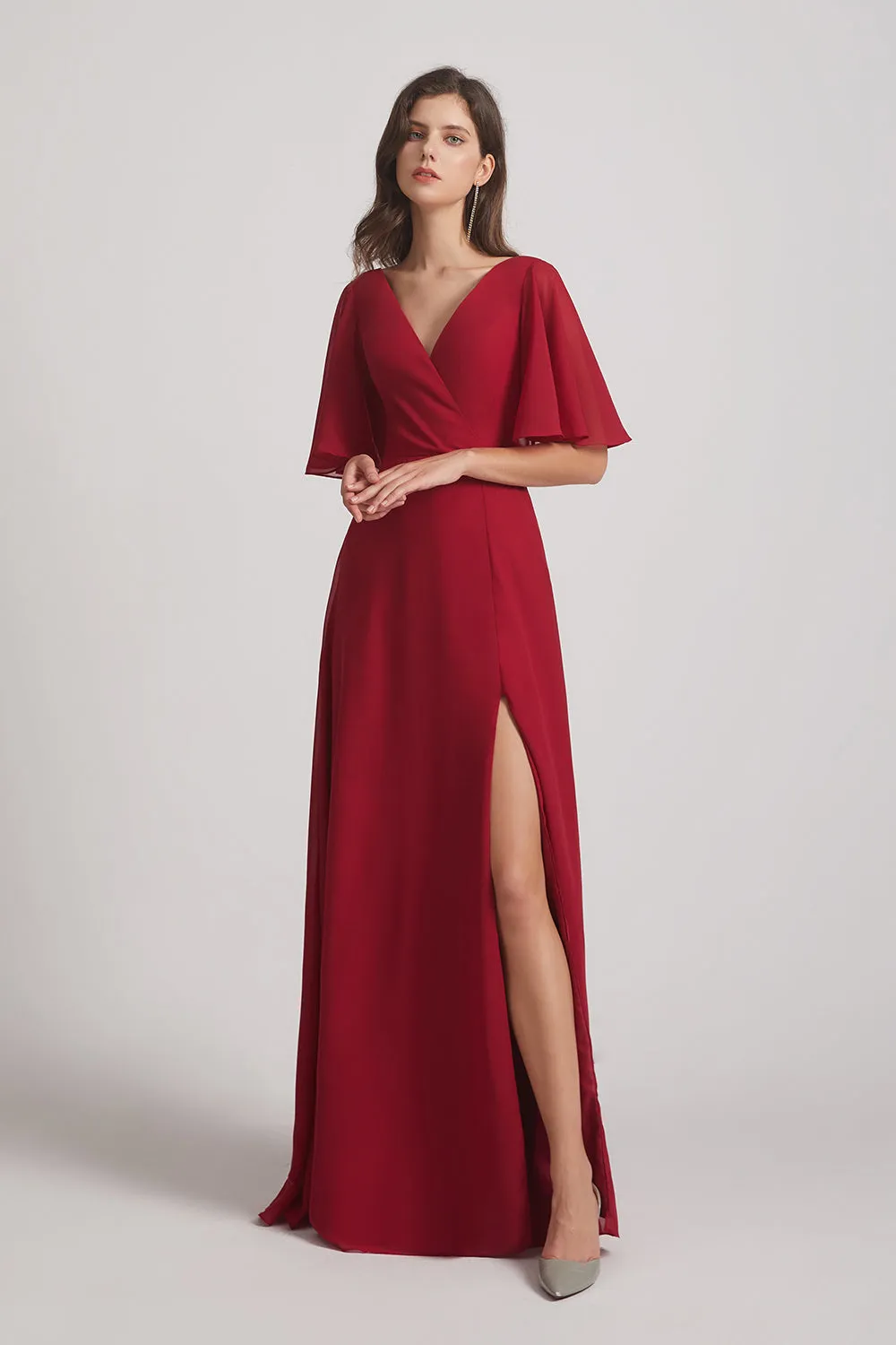 V-Neck Chiffon Side Slit Bridesmaid Dresses With Flutter Half Sleeves (AF0056)