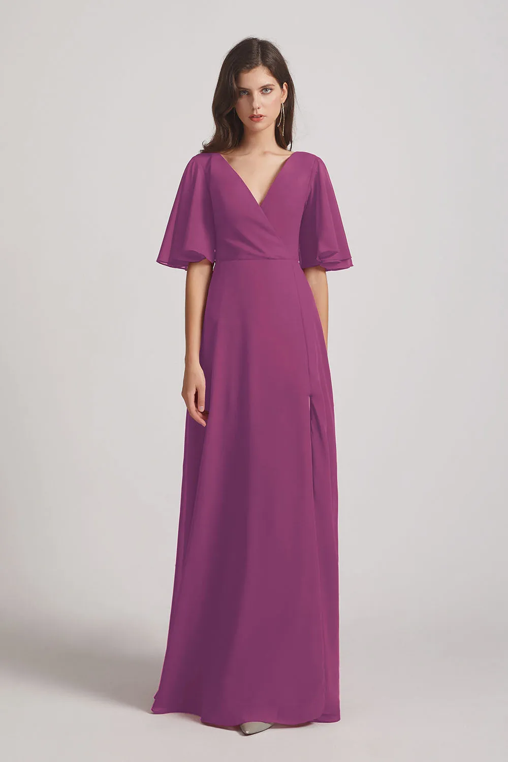 V-Neck Chiffon Side Slit Bridesmaid Dresses With Flutter Half Sleeves (AF0056)