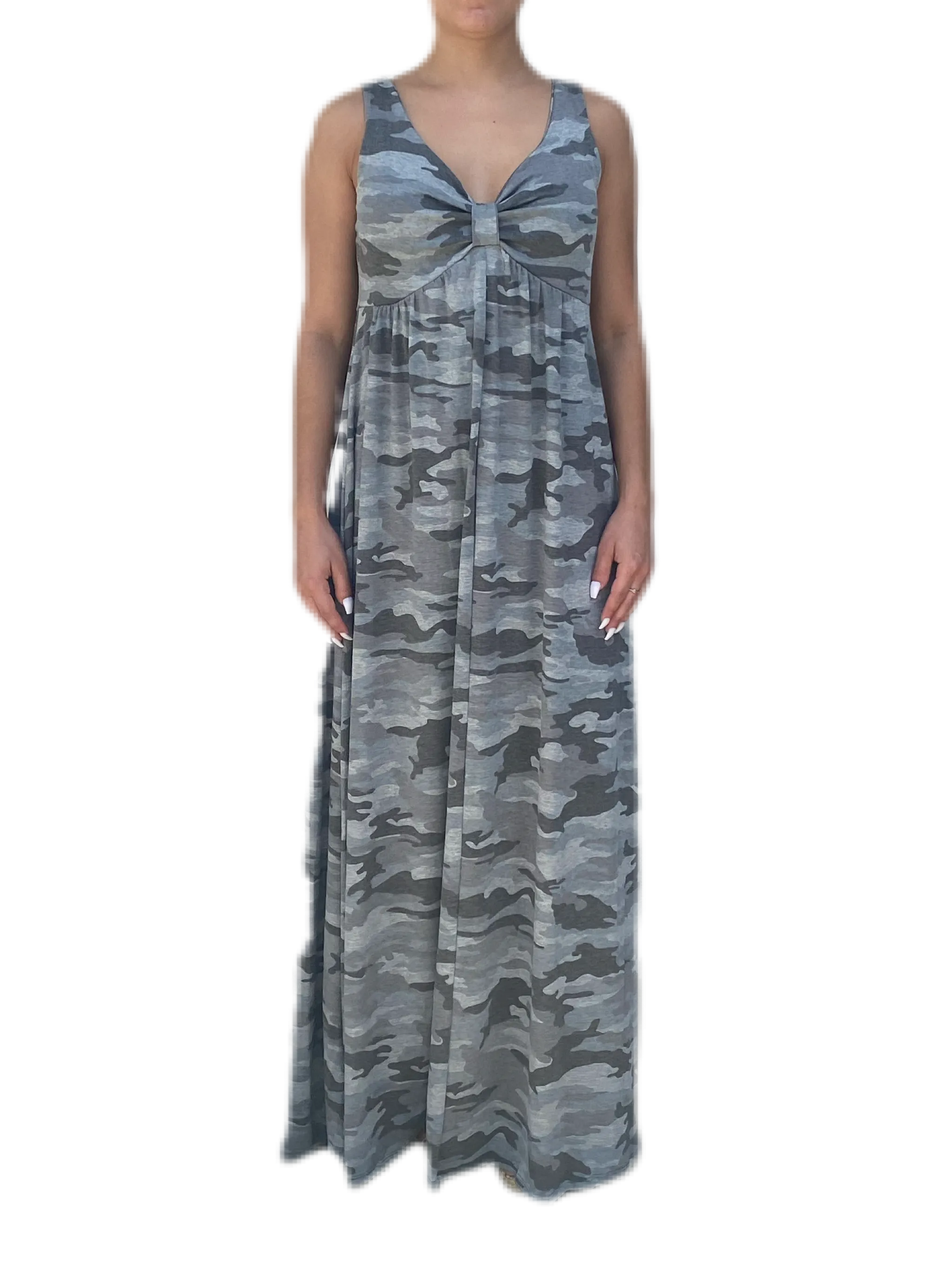 V neck maxi dress  in our grey camouflage rayon Jersey