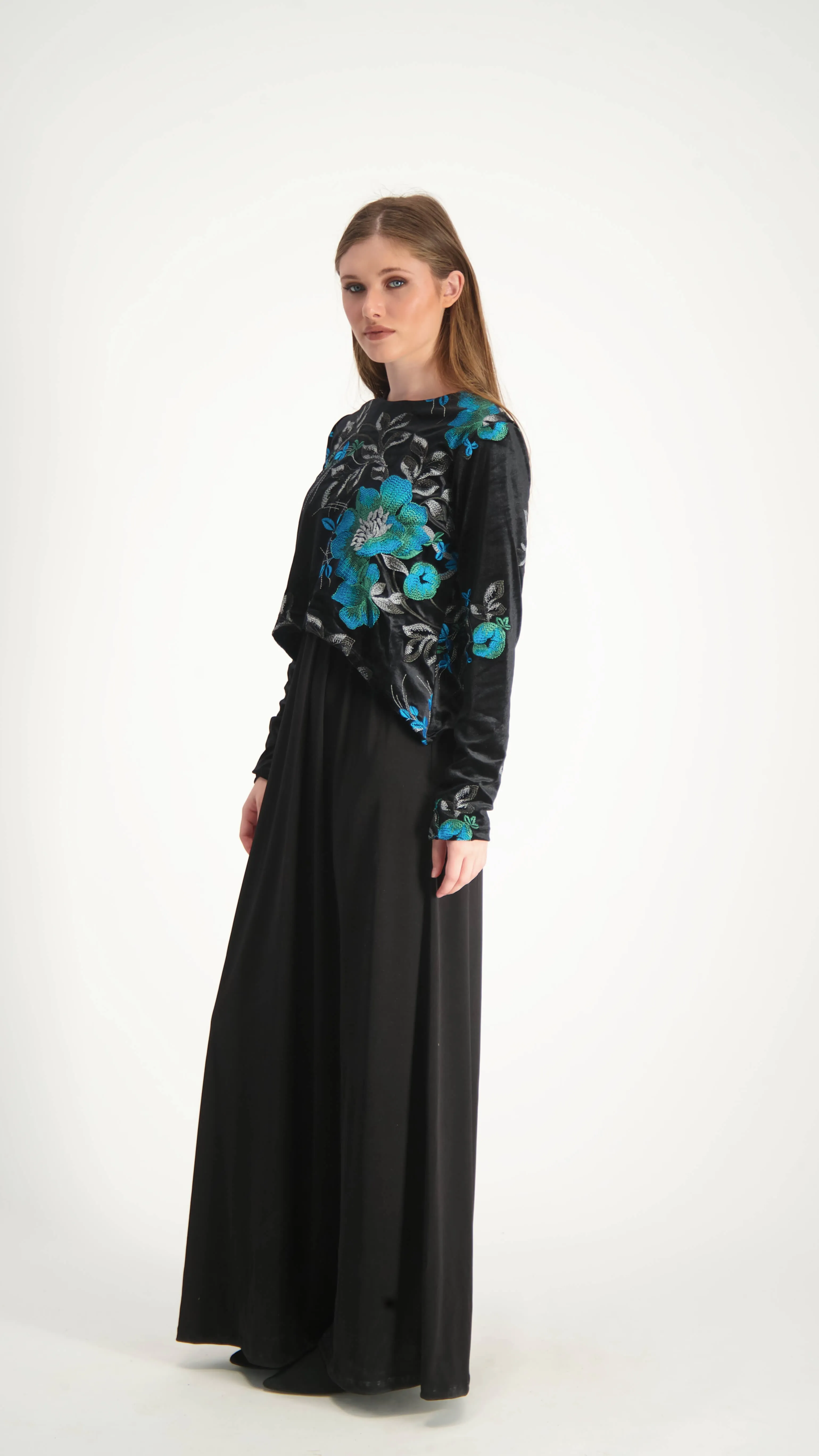 Velvet Maxi Nursing Dress / Blue Flowers