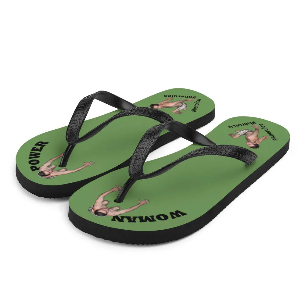 Woman Power Fabric Top Flip Flop Sandal Has Men Bow To Your Toes Moss Green Color with Black Letters (NEW 2023-04)