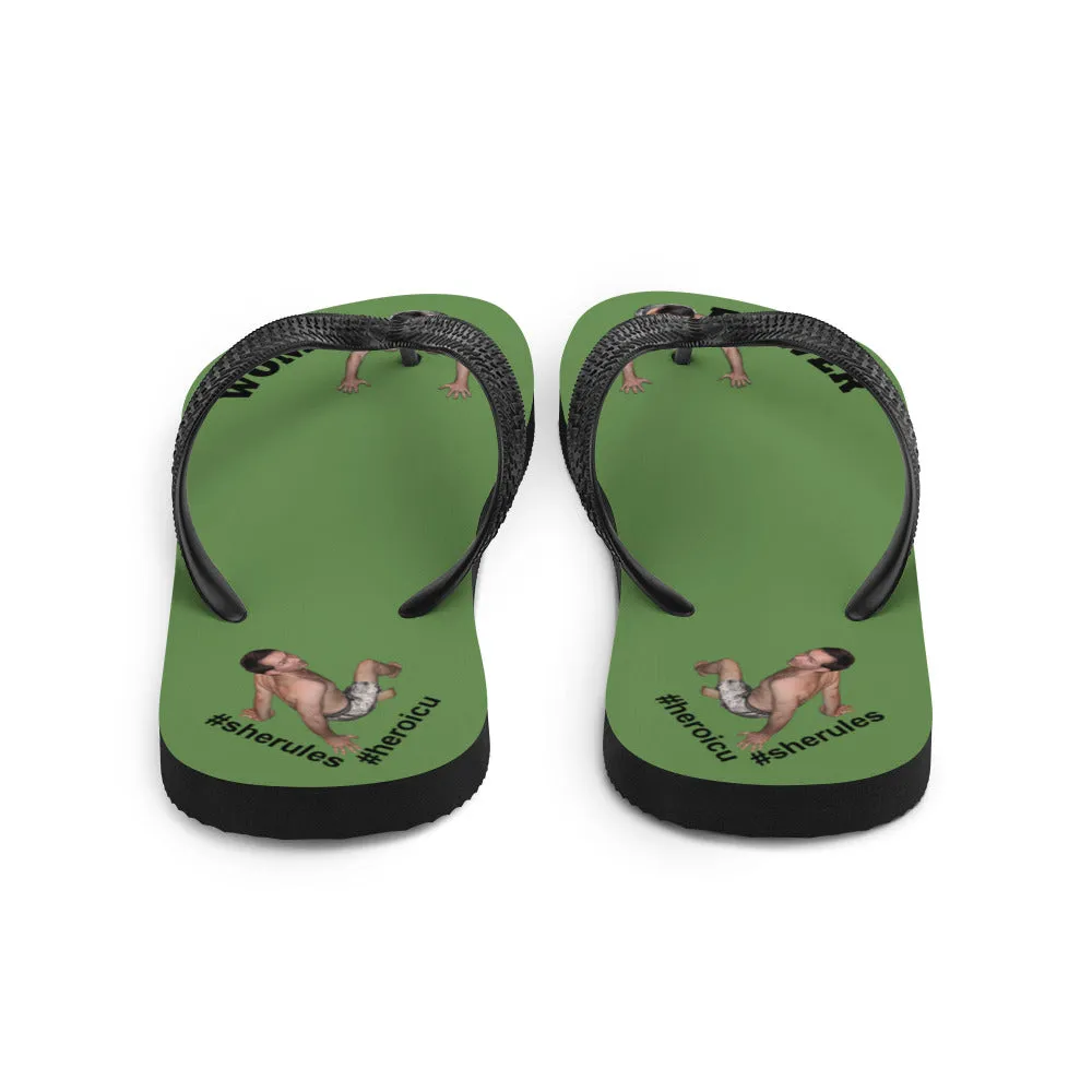 Woman Power Fabric Top Flip Flop Sandal Has Men Bow To Your Toes Moss Green Color with Black Letters (NEW 2023-04)