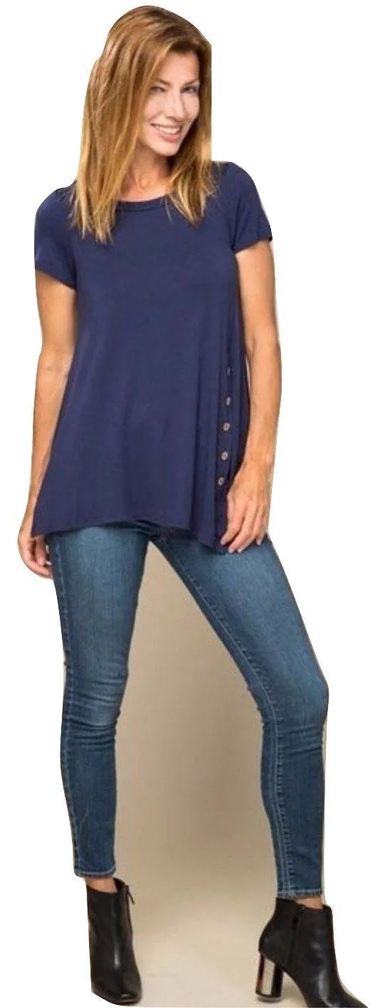 Womens Navy Blue Top | High Low Shirt | Side Button Tunic