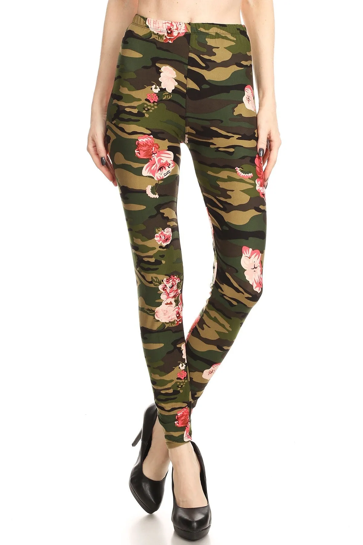 Women's Regular Camouflage Pink Small Rose Pattern Printed Leggings