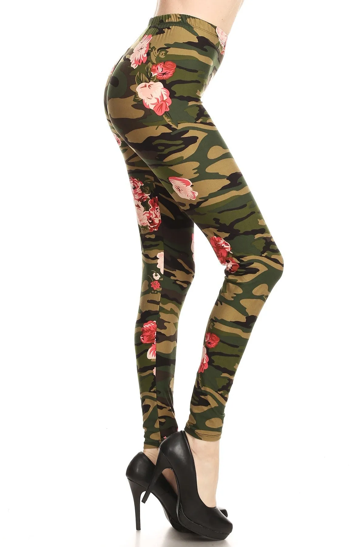 Women's Regular Camouflage Pink Small Rose Pattern Printed Leggings